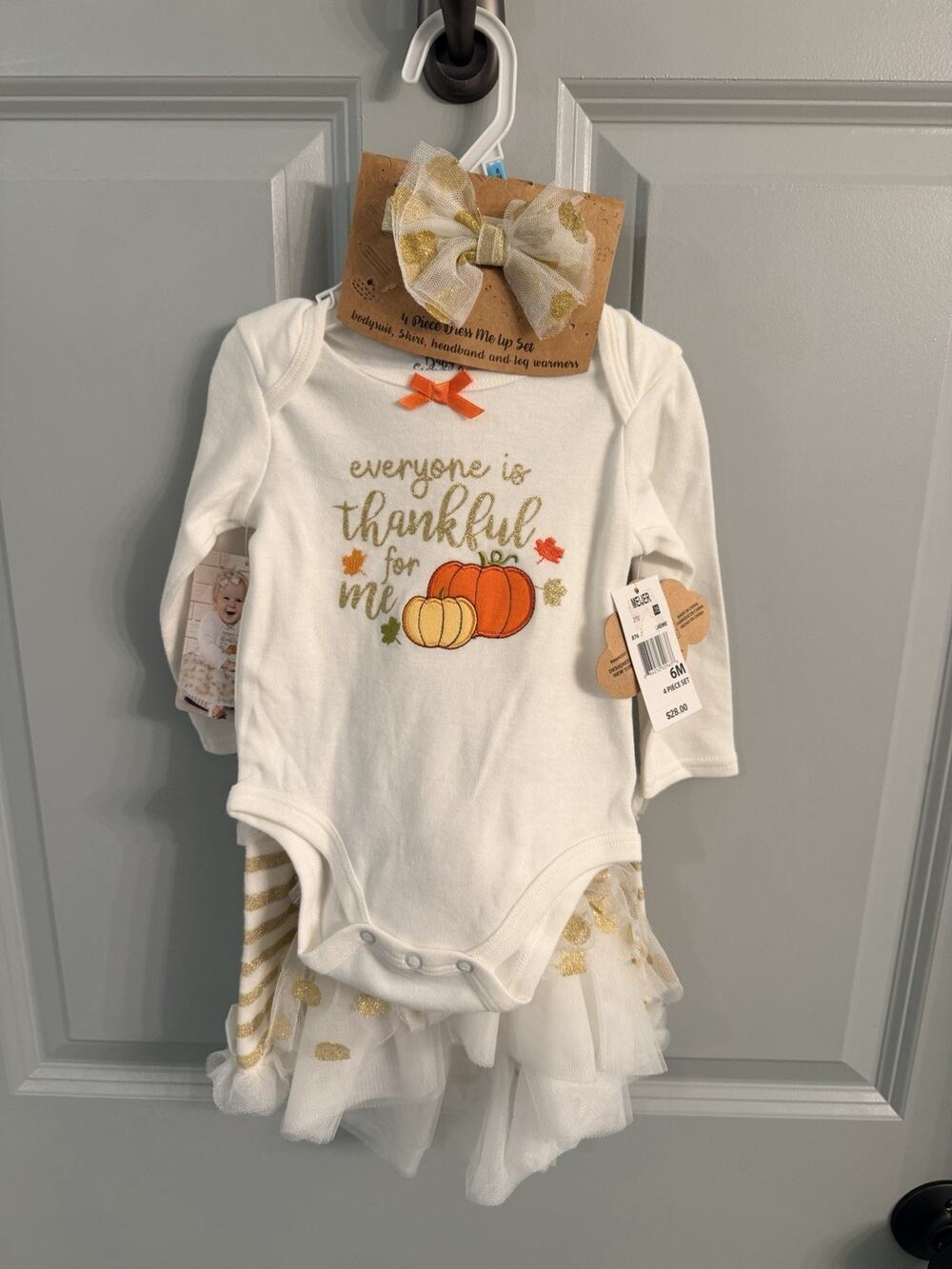 INFANT Thankful Bodysuit/Shirt/Headband/Leg Warmers 4 Pc Outfit 6M